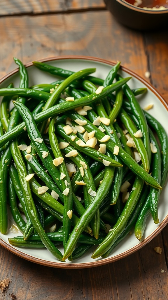 Sautéed garlic green beans on a plate, garnished with garlic, on a rustic wooden table.